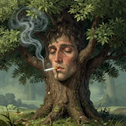 illustration of of a tree with a human face, smoking a cigarette, high detail, fantasy illustration by angus mcbride, trending on artstation