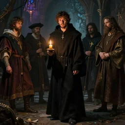 jesse eisenberg as an enigmatic medieval christian ( ( monk ) ). dark shadows, colorful, candle light, law contrasts, fantasy concept art by jakub rozalski, jan matejko, and j. dickenson