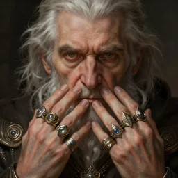 old man 1 2 1 2 with rings on all his fingers, deep focus, d & d fantasy, intricate, elegant, highly detailed, digital painting, artstation