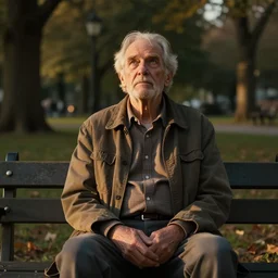 medium shot of an old man sitting on a bench in the middle of a park and looking up, portrait, golden hour, somber, artstation, concept art, sharp focus, by Craig Mullins, Greg Rutkowski, Kenne Gregoire