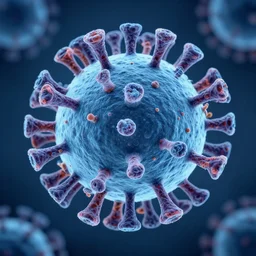 image of a poliovirus from an electron microscope, photorealistic