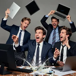 cool business people throwing computers, screaming yelling, smashing things. high resolution color magazine candid photograph.