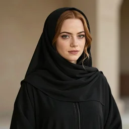 A portrait of Emma Stone wearing Black Arabian Abaya, high quality, fully detailed, 4k, volumetric lightening