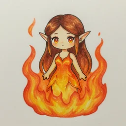 A cute female tiefling made of translucent fire, handdrawn