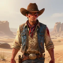 a portrait of a bloody mysterious colorful cowboy in a foggy desert, cartoon, unreal engine, octane render, artstation, digital art.