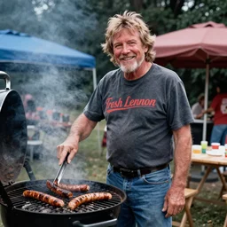 A realistic portrait of Fresh Lennon, the famous Kentucky musician and radio host, grilling some sausages on the barbecue, Fujichrome Velvia 100, 85mm F 1.8