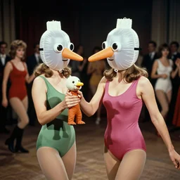1970 twin women on tv show wearing an inflatable mask with a long prosthetic nose and googly eyes, wearing a leotard on the dancefloor 1970 color archival footage color film 16mm holding a hand puppet Fellini Almodovar John Waters Russ Meyer Doris Wishman