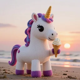 a large knitted unicorn enjoying an ice cream cone at sunset on the beach Trending on artstation, featured on Behance, well-rendered, Unreal Engine, 4K HD