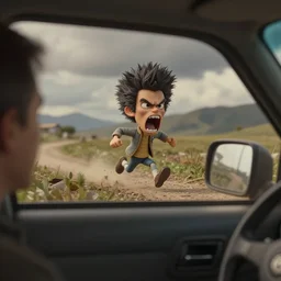 a tiny screaming angry bob ross doll running your in rear view mirror