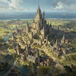 aerial view of an utopic medieval fantasy town near the ocean by ralph horsley, rossdraws, matte painting, stylized background, cinematic lighting, maya, pixar, unreal engine, artstation