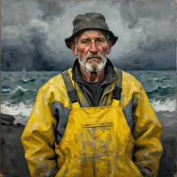 cubist portrait of weathered old fisherman in yellow overalls, storm in background
