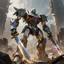 giant robots ready fights with giant swords in an environment of a ruined city, unreal engine, octane, ray tracing, volumetric light, chromatic, prismatic, shine, rays, lens, artsation trends, jakub rozalski art style