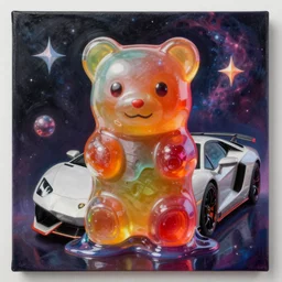 an extremely high quality hd surrealism painting of a 3d cast glass galactic neon complimentary colored cartoon surrealism melting gummybear lamborghini portrait by kandsky and salvia dali the fourth, salvador dali\'s much much much much more talented painter cousin, 4k, ultra realistic, super realistic, so realistic that it changes your life