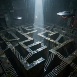 staircase labrynth, several staircases folding into each other, water dripping from the ceilings, foggy atmosphere, beam of light, ufos, cinematic lighting, ultra details, incredibly realistic, octane rendering, z brush, unreal engine 5, photorealistic, 8k