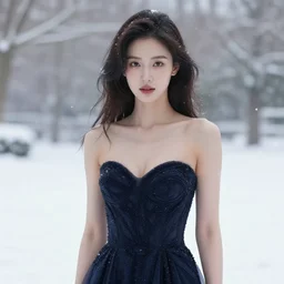 a gorgeous female photo, professionally retouched, soft lighting, realistic, smooth face, full body shot, torso, dress, perfect eyes, wide angle, sharp focus on eyes, 8 k high definition, insanely detailed, intricate, elegant, art by artgerm, snowy winter