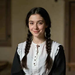a melancholicly (((smiling)) black haired, young hungarian village maid from the 19th century who ((looks very similar to Lee Young Ae)) with a two french braids, detailed, portrait by Rembrandt, Csók István and da Vinci