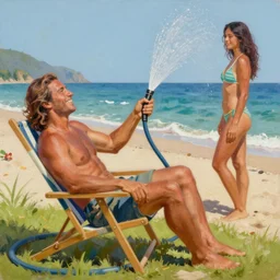 a painting of a smiling shirtless man with long hair sitting in lawn chair, holding a water hose and spraying water on a woman at the beach high details
