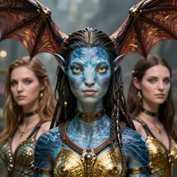 a stunning ultra detailed fantasy fine art portrait photo of a na'vi goddess from avatar movie wearing bat wings on the head, by tom bagshaw, karol bak and anna dittman, arms made of dragon skin, golden ratio composition, deep depth of field, perfect eyes and face, cyberpunk, soft lighting, artstation, 8 k
