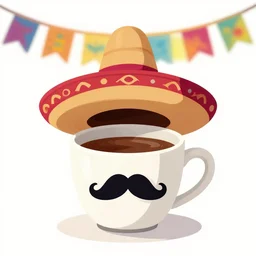 cup of coffee with a mustache wearing a sombrero, celebrating cinco de mayo, festive background, cartoon like