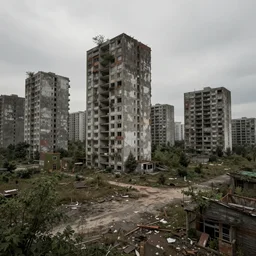 a deserted city, empty buildings with vegetation, post apocalyptic, deserted, corruped architecture, trending on artstation, deviantart, high detail, high definiton, high quality, ultra realistic, hyper realistic, 4 k uhd,