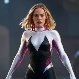 Margot Robbie as Spider Gwen, photo realistic, movie scene, dynamic lighting