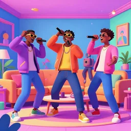 friends rapping together in living room, party, epic pose, digital art, vaporwave, psychedelic, surreal, hip hop, trending on Artstation, professional artist, detailed, 4k