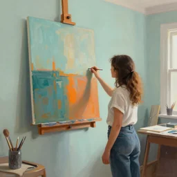digital painting of a lady in an art studio, looking at a big painting on a wall, soft teal and orange colored wall, beautiful volumetric lighting, artstation