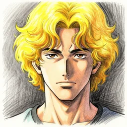 a light - skinned man with curly blonde hair, illustration, graphic novel, graphite, marker art, crayon, paint, comic book, warm color palette, electric colors, tonal colors, 2 d, 8 k, natural lighting, amoled, moody lighting, diffraction grading, cel shading : : katsuhiro otomo