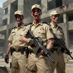 zombie security guard officers in beige uniform with background brutalist concrete building by greg rutkowski trending on artstation digital painting highly detailed bleeding 4 k 8 k hd holding bullpup