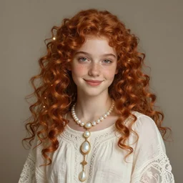 portrait of teenage aphrodite, freckles, curly copper colored hair, curly hair, smiling kindly, wearing an embroidered white linen dress, intricate, elegant, mother of pearl jewelry, glowing lights, highly detailed, digital painting, artstation, concept art, smooth, sharp focus, illustration, art by wlop, artgerm, and greg rutkowski