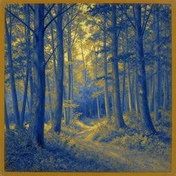 a blue and golden forest, daguerreotype by edward hopper, by henri rousseau, by Bosch, art noveau, highly detailed, strong lights, liminal, eerie, Bright pastel colors, octane render, 8k,