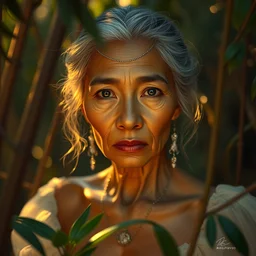 stunningly beautiful, elderly filipina prima ballerina in jungle, symmetrical face, golden hour, smooth, focus, highly detailed, hyper realistic, dramatic lighting, elegant, intricate, concept art, art by wlop, mars ravelo, greg rutowski, artstation