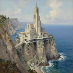villane brutalist base of James Bond, coastal perched on a cliff overlooking a magnificient bay, concept art oil painting by Jama Jurabaev, extremely detailed, brush hard, artstation