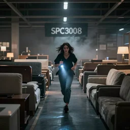 woman holding a flashlight running through the interior of a furniture store, cinematic lighting, furniture store interior, night, terrifying, scp 3008, landscape, fog, artstation