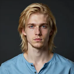 digital oil portrait of a skinny european male, slightly longer blond hair and a light stubble beard, wearing a light blue shirt, blue eyes, rugged, teenage no, fantasy, wizard, trending artstation, dungeons & dragons, neutral expression, dark lighting, high detail