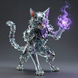 a portrait of a evil cat in glass armor releasing spell, full height, moving forward, concept art, trending on artstation, highly detailed, intricate, sharp focus, digital art, 8 k