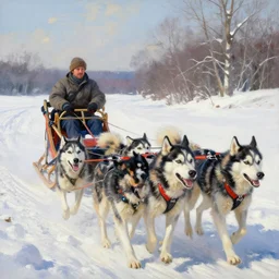 Painting of a sled with a man on it being towed by huskies in the style of Ted Harrison, 8K
