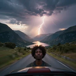 black trans - am driving towards the camera, mountain, valley, breathtaking mountains, lake, dynamic, sunrise, cinematic, motionblur, sunbeams, volumetric lighting, wide shot, low angle, large lightning storm