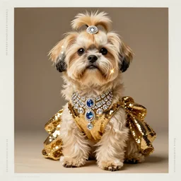 cream - colored havanese dog in a sexy gold sequined dress, wearing modern ostentatious diamond jewelry, with lots of glittering light, afrofuturism, dramatic pose, in the style of a dave lachapelle poster, private press