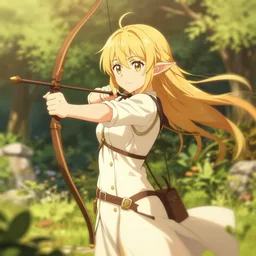 isekai cute anime girl elven archer. in a garden. aesthetic, golden ratio. beautiful lineart, depth focus, rankings pixiv, artstation, soft lighting, srgb, artstation, hdr, 4 k, cinematic, motion blur, chromatic abberation. by dave greco, trent kaniuga, kienan lafferty
