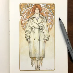 an art nouveau copic maker sketch of a girl wearing an anorak designed by balenciaga by john berkey, alphonse mucha, norman rockwell