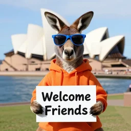 A portrait photo of a kangaroo wearing an orange hoodie and blue sunglasses holding a sign on the chest that says Welcome Friends, subject: kangaroo, subject detail: wearing orange hoodie, wearing blue sunglasses, subject location: sydney opera house, subject action: holding sign