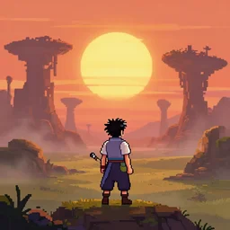pixel art last air bender on an alien planet, sci - fi, two suns in the sky, sunset, strange rock formations, rolling hills, atmospheric, misty, artstation, deviantart