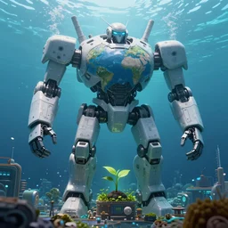 an underwater city made of light matter built standing in the hands of a giant defunct robot mech and trying to save the planet one plant at a time, set in the distant future, plants, light prisms, rainbow diffraction, steampunk, cyberpunk, robots, warm lights, anime, vhs distortion, art style mimics starlight brigade by game grumps