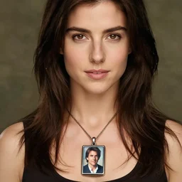a beautiful girl wearing a necklace with a brooch containing a photo of tom cruise