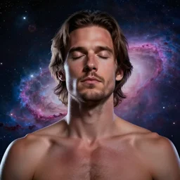 close up of Russell Brand meditating in space, eyes closed, nebula background, digital art, 4k