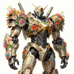 mecha robot wrapped in flowers & vines, art by james jean & hsiao - ron cheng, colourful, sharp, detailed, digital painting, illustration, intricate detail, pinterest, behance, art station,