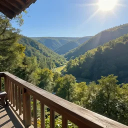 view from a balcony overlooking a forest valley, highly detailed, sunny, blue sky, cinematic lighting, highly angle, godrays, volumetric, photorealistic, digital art painting by greg rutkowski