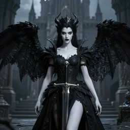 queen, beautiful, artstation trending, dark castle, dark sword, evil, black hair, white skin, tall, 4 k, shades of darkness, dark wings