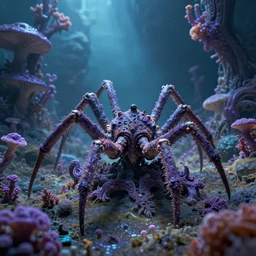 a complex, elaborate organism with six limbs and trilateral symmetry that occupies a fungus rich low gravity alien landscape with violet accented chemosynthetic flora, organic details, vivid lighting with cold colors, photorealistic graphical 3 5 mm lens